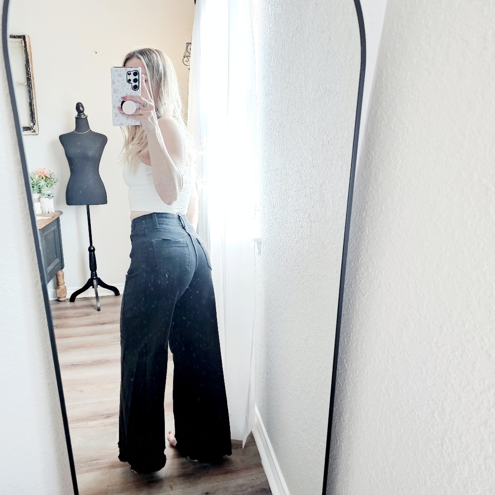 RISEN HR Tummy Control Black Palazzo Jeans Wide Leg Distressed Hems Various NEW - Picture 10 of 12